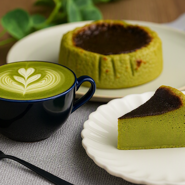 赤堀製菓・カフェ専門学校 抹茶バスクチーズケーキ＆抹茶ラテ1
